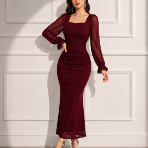 Ruby Elegance Burgundy Mesh Sleeve Maxi Dress