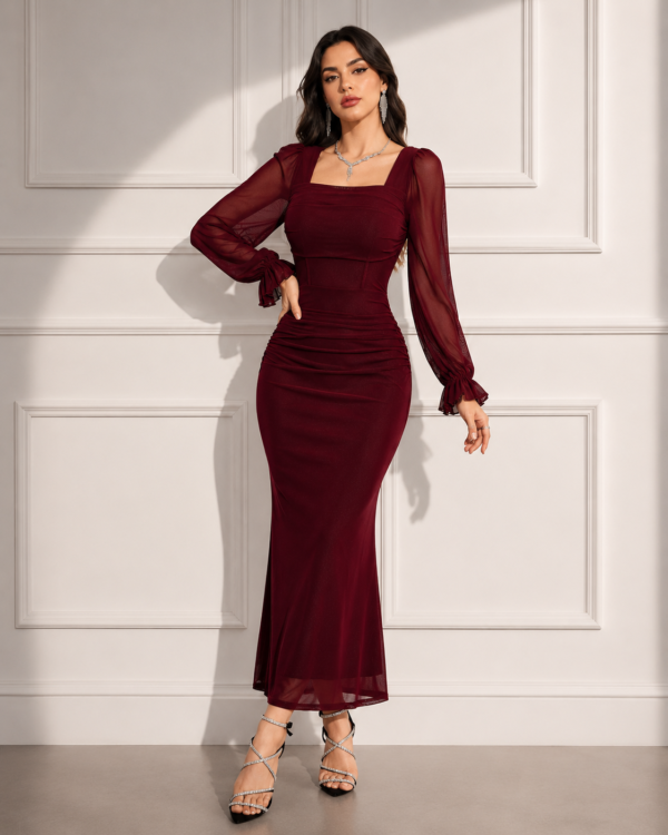 Ruby Elegance Burgundy Mesh Sleeve Maxi Dress