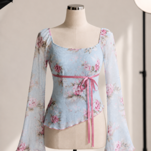 Floral Mesh Ribbon Top – Sky Blue