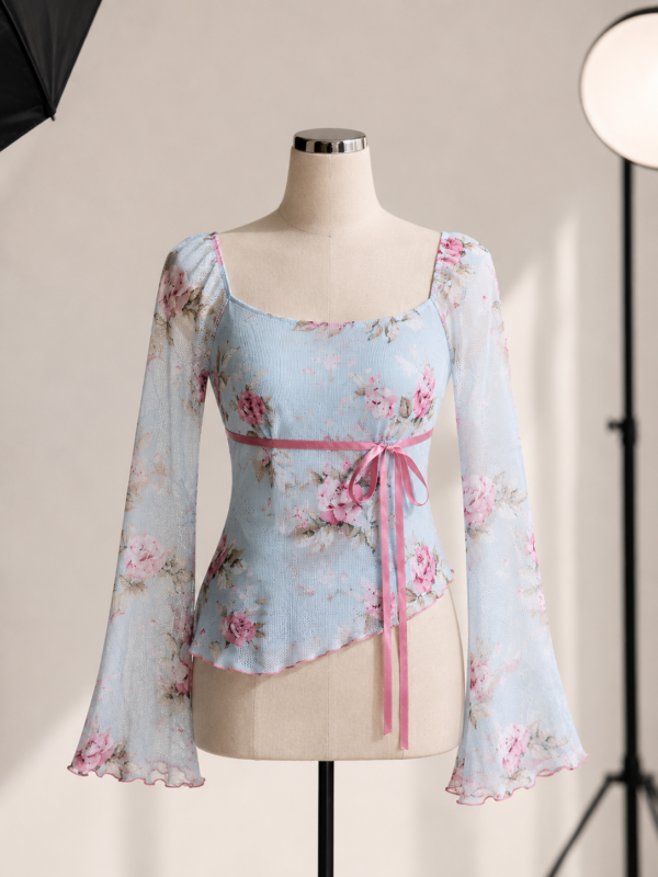 Floral Mesh Ribbon Top – Sky Blue
