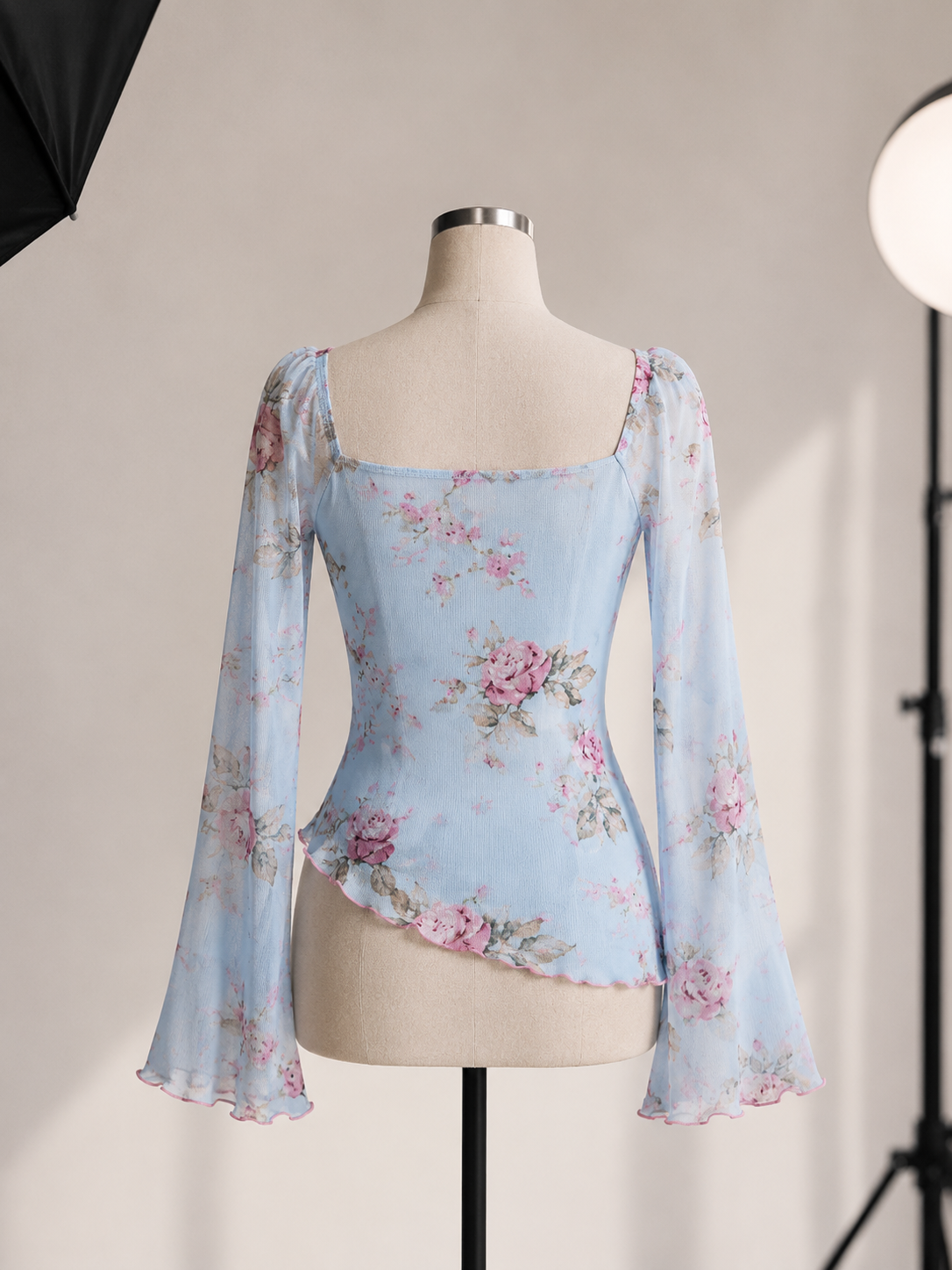 Floral Mesh Ribbon Top – Sky Blue - Image 3