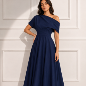 Elegant One-Shoulder Navy Blue Maxi Dress