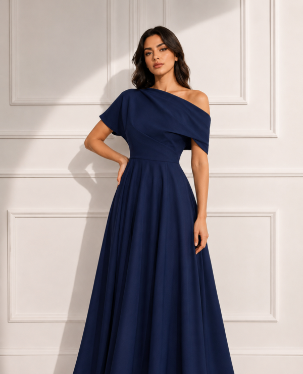 Elegant One-Shoulder Navy Blue Maxi Dress