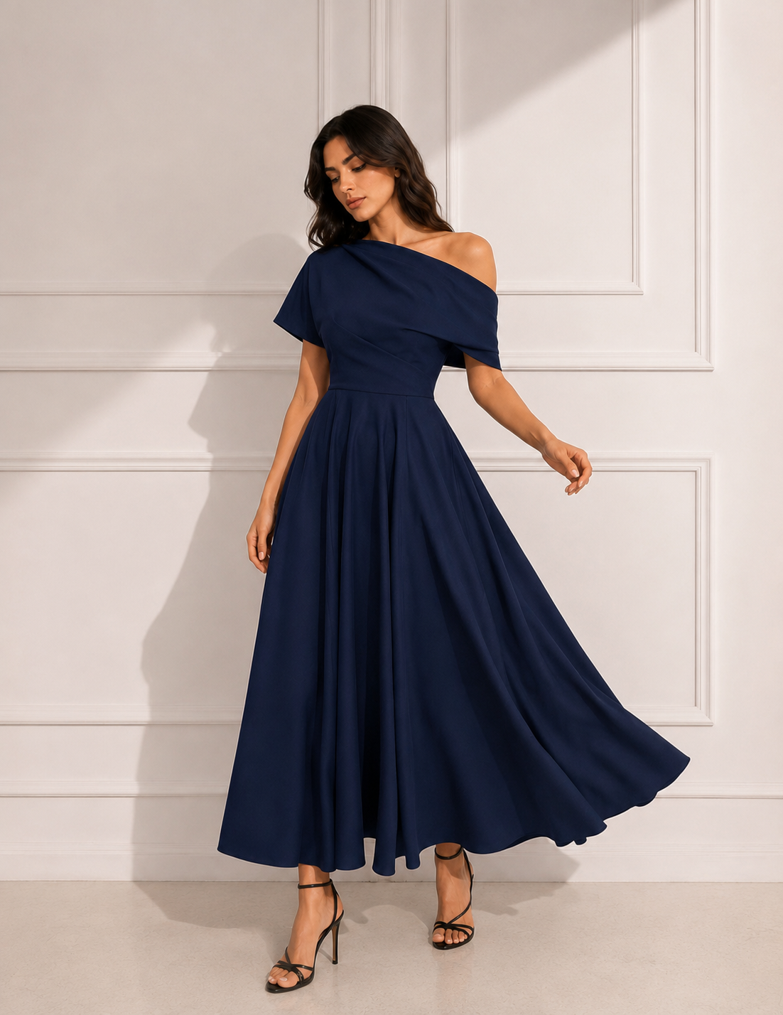 Elegant One-Shoulder Navy Blue Maxi Dress - Image 3
