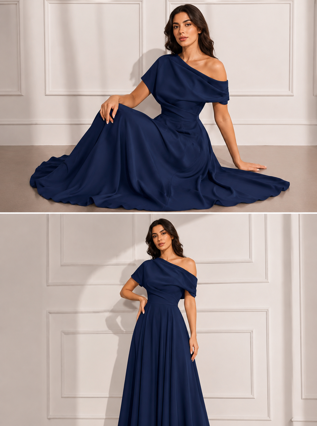 Elegant One-Shoulder Navy Blue Maxi Dress - Image 2
