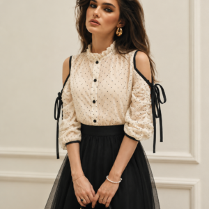 Elegant Polka Dot Cold Shoulder Shirt – Ivory & Black