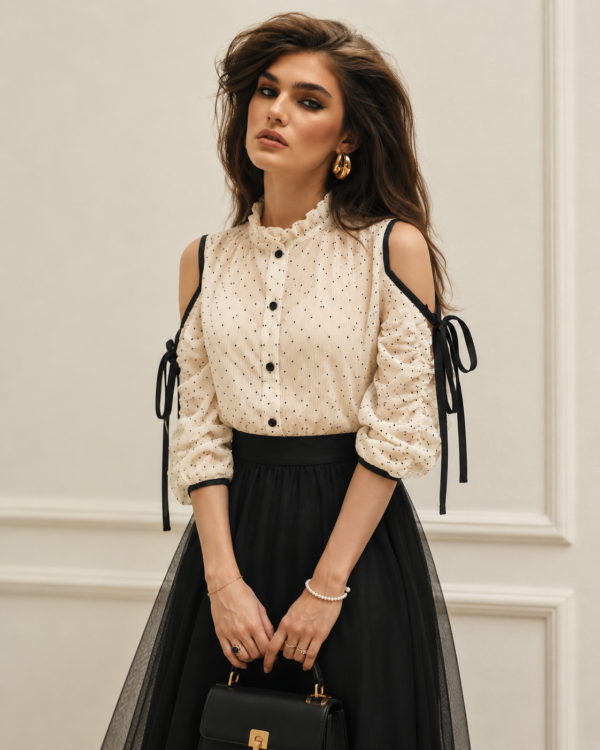 Elegant Polka Dot Cold Shoulder Shirt – Ivory & Black